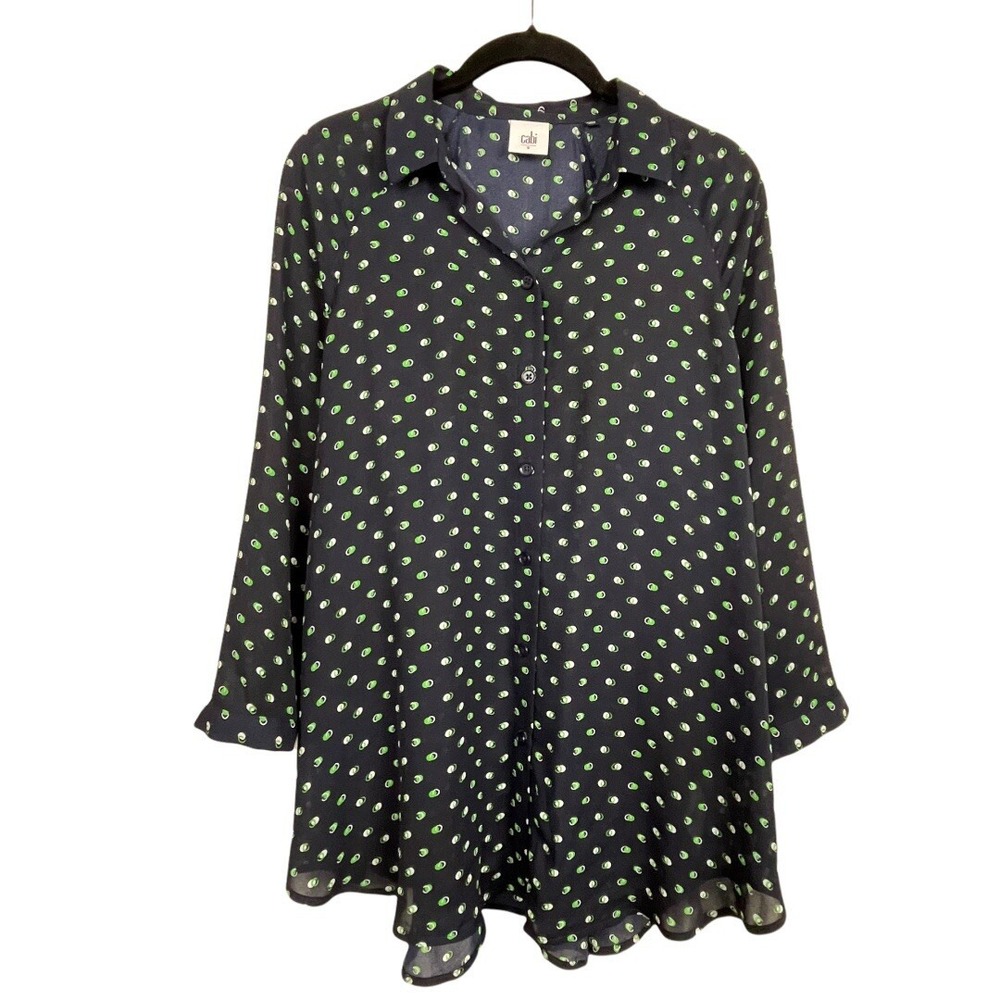 CAbi Martini Blouse S Blue Green White Print Button Up Top‎ Boho Workwear